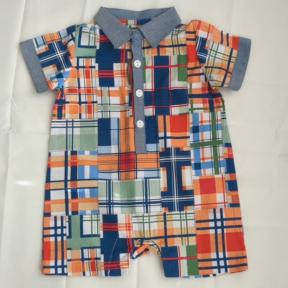 Matt's Scooter By Bonnie Jean Madra Patchwork Plaid Shortall  Sz 3/6 M